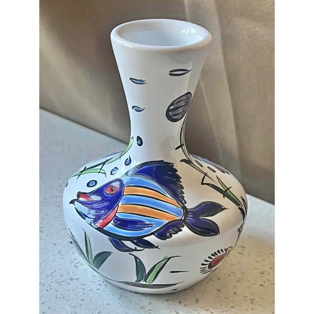 Signed Neofitoy Keramik Falaraki-Rodos Ceramic Vase Hand Made Fish White Blue